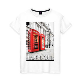 Женская футболка хлопок с принтом Телефонные будки Лондона в Курске, 100% хлопок | прямой крой, круглый вырез горловины, длина до линии бедер, слегка спущенное плечо | лондон