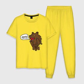Мужская пижама хлопок с принтом Медведь качок (дрищ) в Курске, 100% хлопок | брюки и футболка прямого кроя, без карманов, на брюках мягкая резинка на поясе и по низу штанин
 | дрищ | интернет прикол | качалка | мусклы | мышцы | пресс | силовой спорт