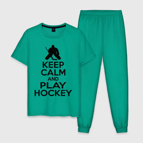 Мужская пижама хлопок с принтом Keep calm and play hockey в Курске, 100% хлопок | брюки и футболка прямого кроя, без карманов, на брюках мягкая резинка на поясе и по низу штанин
 | hockey | keep calm | keep calm and play hockey | вратарь | хоккеист | хоккей | хоккейный вратарь