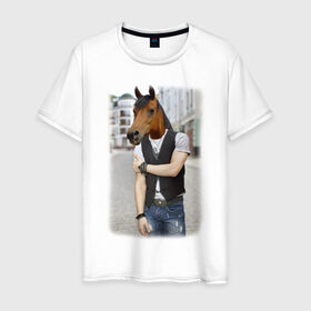 Мужская футболка хлопок с принтом Конь в жилете в Курске, 100% хлопок | прямой крой, круглый вырез горловины, длина до линии бедер, слегка спущенное плечо. | 