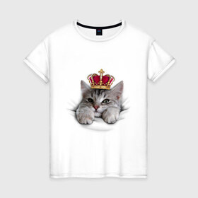 Женская футболка хлопок с принтом Pretty kitten в Курске, 100% хлопок | прямой крой, круглый вырез горловины, длина до линии бедер, слегка спущенное плечо | kitten | meow | meow kitten | киса | корона | корона на голове кота | кот | кот с короной | котик | котэ | котяра | кошка | прикольный кот