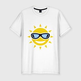 Мужская футболка премиум с принтом Солнышко в очках в Курске, 92% хлопок, 8% лайкра | приталенный силуэт, круглый вырез ворота, длина до линии бедра, короткий рукав | smile | смайлики | смайлы | солнце | улыбка