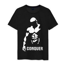 Мужская футболка хлопок с принтом Conquer в Курске, 100% хлопок | прямой крой, круглый вырез горловины, длина до линии бедер, слегка спущенное плечо. | bodybuilding | conquer | power | бодибилдинг | сила | силовой спорт | силовой экстрим | спорт