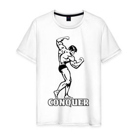 Мужская футболка хлопок с принтом Conquer (побеждать). в Курске, 100% хлопок | прямой крой, круглый вырез горловины, длина до линии бедер, слегка спущенное плечо. | 