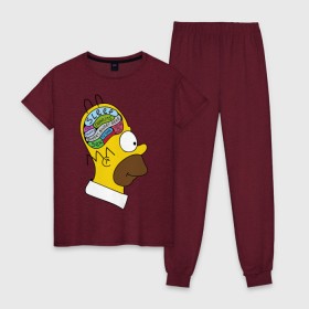Женская пижама хлопок с принтом Мозг Гомера в Курске, 100% хлопок | брюки и футболка прямого кроя, без карманов, на брюках мягкая резинка на поясе и по низу штанин | гомер