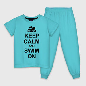 Детская пижама хлопок с принтом Keep calm and swim on. в Курске, 100% хлопок |  брюки и футболка прямого кроя, без карманов, на брюках мягкая резинка на поясе и по низу штанин
 | Тематика изображения на принте: keep calm | keep calm and swim on | плавание | пловец