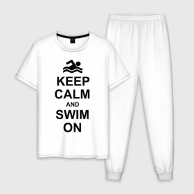 Мужская пижама хлопок с принтом Keep calm and swim on. в Курске, 100% хлопок | брюки и футболка прямого кроя, без карманов, на брюках мягкая резинка на поясе и по низу штанин
 | keep calm | keep calm and swim on | плавание | пловец