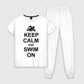 Женская пижама хлопок с принтом Keep calm and swim on в Курске, 100% хлопок | брюки и футболка прямого кроя, без карманов, на брюках мягкая резинка на поясе и по низу штанин | keep calm | keep calm and swim on | плавание | пловец