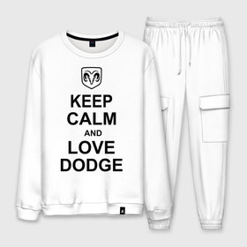 Мужской костюм хлопок с принтом keep calm and love dodge в Курске, 100% хлопок | на свитшоте круглая горловина, мягкая резинка по низу. Брюки заужены к низу, на них два вида карманов: два “обычных” по бокам и два объемных, с клапанами, расположенные ниже линии бедра. Брюки с мягкой трикотажной резинкой на поясе и по низу штанин. В поясе для дополнительного комфорта — широкие завязки | авто | додж | сохраняй спокойствие и люби додж | тачки