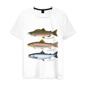 Мужская футболка хлопок с принтом Лососевые в Курске, 100% хлопок | прямой крой, круглый вырез горловины, длина до линии бедер, слегка спущенное плечо. | горбуша | кижуч | рыба | рыбалка | рыбачить | туризм | туристические | туристу | улов | форель