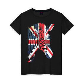 Женская футболка хлопок с принтом Британская зебра в Курске, 100% хлопок | прямой крой, круглый вырез горловины, длина до линии бедер, слегка спущенное плечо | Тематика изображения на принте: dtg | england | англия | британия | британский флаг | великобритания | животные | прикольные картинки