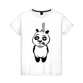 Женская футболка хлопок с принтом Панда повесилась. в Курске, 100% хлопок | прямой крой, круглый вырез горловины, длина до линии бедер, слегка спущенное плечо | Тематика изображения на принте: панда