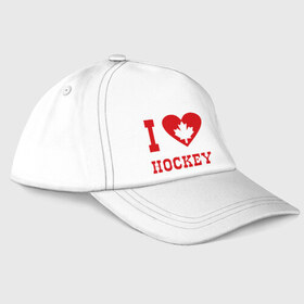 Бейсболка с принтом Я люблю канадский хоккей. в Курске, 100% хлопок | классический козырек, металлическая застежка-регулятор размера | hockey | i love hochey | канада | кленовые листья | спорт | хоккей | я люблю хоккей