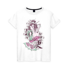 Женская футболка хлопок с принтом Японская гейша в Курске, 100% хлопок | прямой крой, круглый вырез горловины, длина до линии бедер, слегка спущенное плечо | девушкам | для девушек | рисунок
