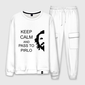 Мужской костюм хлопок с принтом Keep calm and pass to Pirlo в Курске, 100% хлопок | на свитшоте круглая горловина, мягкая резинка по низу. Брюки заужены к низу, на них два вида карманов: два “обычных” по бокам и два объемных, с клапанами, расположенные ниже линии бедра. Брюки с мягкой трикотажной резинкой на поясе и по низу штанин. В поясе для дополнительного комфорта — широкие завязки | мяч | пасуй | передача | пирло | спорт | спортивные | спортсмен | футбол | футболист