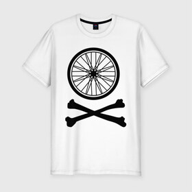 Мужская футболка премиум с принтом Bicycle в Курске, 92% хлопок, 8% лайкра | приталенный силуэт, круглый вырез ворота, длина до линии бедра, короткий рукав | bicycle | две кости | колесо | колесо от велосипеда | кости | кости с колесом | перекошенные кости