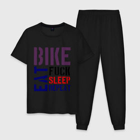 Мужская пижама хлопок с принтом Bike eat sleep repeat в Курске, 100% хлопок | брюки и футболка прямого кроя, без карманов, на брюках мягкая резинка на поясе и по низу штанин
 | Тематика изображения на принте: bicycle | bike | bike eat sleep repeat | eat | repeat | sleep | велик | велосипед | велосипедист