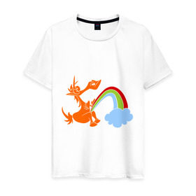 Мужская футболка хлопок с принтом Писающий единорог в Курске, 100% хлопок | прямой крой, круглый вырез горловины, длина до линии бедер, слегка спущенное плечо. | unicorn | единорог | единорог и радуга | облако с радугой | прикольный единорог | радуга | радуга из единорога