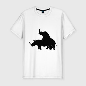 Мужская футболка премиум с принтом Носороги в Курске, 92% хлопок, 8% лайкра | приталенный силуэт, круглый вырез ворота, длина до линии бедра, короткий рукав | носорог | носороги | носороги занимаются этим | носороги спариваются | спаривание