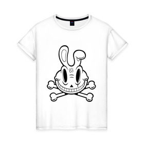 Женская футболка хлопок с принтом Улыбающийся кролик. в Курске, 100% хлопок | прямой крой, круглый вырез горловины, длина до линии бедер, слегка спущенное плечо | животные | кости | скелетон | черепок | черепушка