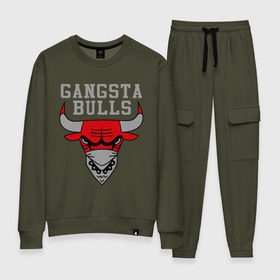 Женский костюм хлопок с принтом Gangsta bulls в Курске, 100% хлопок | на свитшоте круглая горловина, мягкая резинка по низу. Брюки заужены к низу, на них два вида карманов: два 