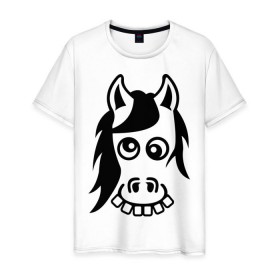 Мужская футболка хлопок с принтом Funny Horse в Курске, 100% хлопок | прямой крой, круглый вырез горловины, длина до линии бедер, слегка спущенное плечо. | Тематика изображения на принте: животные | зубы | конь | коняшка | лошадка | лошадь