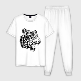 Мужская пижама хлопок с принтом Тату тигр в Курске, 100% хлопок | брюки и футболка прямого кроя, без карманов, на брюках мягкая резинка на поясе и по низу штанин
 | татуировки