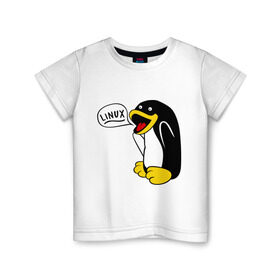 Детская футболка хлопок с принтом Пингвин: Linux в Курске, 100% хлопок | круглый вырез горловины, полуприлегающий силуэт, длина до линии бедер | пингвин