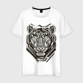 Мужская футболка хлопок с принтом Geometric tiger в Курске, 100% хлопок | прямой крой, круглый вырез горловины, длина до линии бедер, слегка спущенное плечо. | geometric drawing | geometry | metal tiger | tiger | геометрический рисунок | геометрия | металлический тигр | тигр