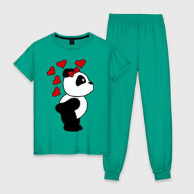 Женская пижама хлопок с принтом Поцелуй панды (парная) в Курске, 100% хлопок | брюки и футболка прямого кроя, без карманов, на брюках мягкая резинка на поясе и по низу штанин | панда