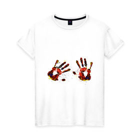 Женская футболка хлопок с принтом Отпечатки рук (краска) в Курске, 100% хлопок | прямой крой, круглый вырез горловины, длина до линии бедер, слегка спущенное плечо | ладони | пальцы | прикольные картинки | руки