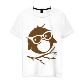 Мужская футболка хлопок с принтом Совёнок в очках. в Курске, 100% хлопок | прямой крой, круглый вырез горловины, длина до линии бедер, слегка спущенное плечо. | сова