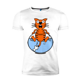 Мужская футболка премиум с принтом Кот в аквариуме в Курске, 92% хлопок, 8% лайкра | приталенный силуэт, круглый вырез ворота, длина до линии бедра, короткий рукав | cat | испуганный кот | кот в воде | рыба за хвост | смешной кот