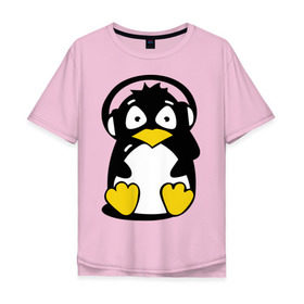 Мужская футболка хлопок Oversize с принтом Пингвин в наушниках в Курске, 100% хлопок | свободный крой, круглый ворот, “спинка” длиннее передней части | животные | пингвиненок | пингвинчик | прикольные картинки