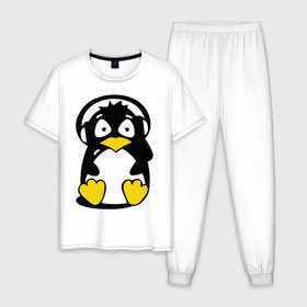Мужская пижама хлопок с принтом Пингвин в наушниках в Курске, 100% хлопок | брюки и футболка прямого кроя, без карманов, на брюках мягкая резинка на поясе и по низу штанин
 | животные | пингвиненок | пингвинчик | прикольные картинки