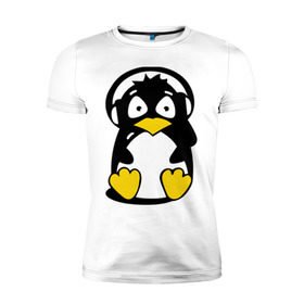 Мужская футболка премиум с принтом Пингвин в наушниках в Курске, 92% хлопок, 8% лайкра | приталенный силуэт, круглый вырез ворота, длина до линии бедра, короткий рукав | животные | пингвиненок | пингвинчик | прикольные картинки