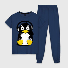 Женская пижама хлопок с принтом Пингвин в наушниках в Курске, 100% хлопок | брюки и футболка прямого кроя, без карманов, на брюках мягкая резинка на поясе и по низу штанин | животные | пингвиненок | пингвинчик | прикольные картинки