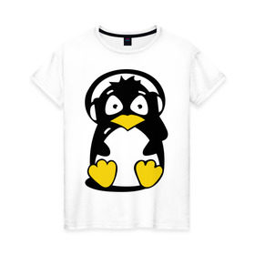 Женская футболка хлопок с принтом Пингвин в наушниках в Курске, 100% хлопок | прямой крой, круглый вырез горловины, длина до линии бедер, слегка спущенное плечо | животные | пингвиненок | пингвинчик | прикольные картинки