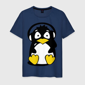 Мужская футболка хлопок с принтом Пингвин в наушниках в Курске, 100% хлопок | прямой крой, круглый вырез горловины, длина до линии бедер, слегка спущенное плечо. | животные | пингвиненок | пингвинчик | прикольные картинки