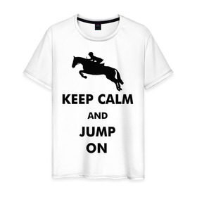 Мужская футболка хлопок с принтом Keep Calm - конный спорт - лошади в Курске, 100% хлопок | прямой крой, круглый вырез горловины, длина до линии бедер, слегка спущенное плечо. | Тематика изображения на принте: keep calm | конный | лошади