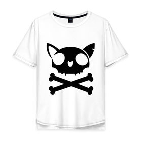 Мужская футболка хлопок Oversize с принтом кошачий пиратскй флаг в Курске, 100% хлопок | свободный крой, круглый ворот, “спинка” длиннее передней части | кости | кошачий пиратский флаг | пиратский флаг | череп | череп кошки