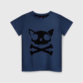 Детская футболка хлопок с принтом кошачий пиратскй флаг в Курске, 100% хлопок | круглый вырез горловины, полуприлегающий силуэт, длина до линии бедер | кости | кошачий пиратский флаг | пиратский флаг | череп | череп кошки