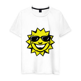 Мужская футболка хлопок с принтом Яркое солнышко в Курске, 100% хлопок | прямой крой, круглый вырез горловины, длина до линии бедер, слегка спущенное плечо. | smile | очки | позитив | прикольные картинки | смайл | солнце | солнышко | улыбка | яркое солнышко
