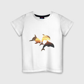 Детская футболка хлопок с принтом Дельфины на закате (2) в Курске, 100% хлопок | круглый вырез горловины, полуприлегающий силуэт, длина до линии бедер | дельфин | дельфины | дельфины на закате | закат | красивые дельфины | рыбы