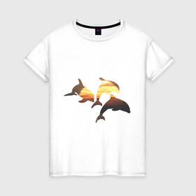 Женская футболка хлопок с принтом Дельфины на закате (2) в Курске, 100% хлопок | прямой крой, круглый вырез горловины, длина до линии бедер, слегка спущенное плечо | дельфин | дельфины | дельфины на закате | закат | красивые дельфины | рыбы
