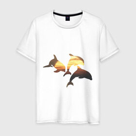 Мужская футболка хлопок с принтом Дельфины на закате (2) в Курске, 100% хлопок | прямой крой, круглый вырез горловины, длина до линии бедер, слегка спущенное плечо. | дельфин | дельфины | дельфины на закате | закат | красивые дельфины | рыбы