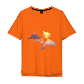 Мужская футболка хлопок Oversize с принтом Дельфины на закате в Курске, 100% хлопок | свободный крой, круглый ворот, “спинка” длиннее передней части | дельфин | дельфины | дельфины на закате | закат | красивые дельфины | рыбы