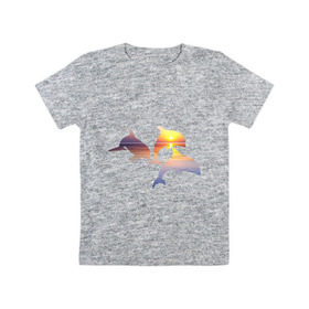 Детская футболка хлопок с принтом Дельфины на закате в Курске, 100% хлопок | круглый вырез горловины, полуприлегающий силуэт, длина до линии бедер | Тематика изображения на принте: дельфин | дельфины | дельфины на закате | закат | красивые дельфины | рыбы