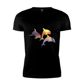 Мужская футболка премиум с принтом Дельфины на закате в Курске, 92% хлопок, 8% лайкра | приталенный силуэт, круглый вырез ворота, длина до линии бедра, короткий рукав | Тематика изображения на принте: дельфин | дельфины | дельфины на закате | закат | красивые дельфины | рыбы
