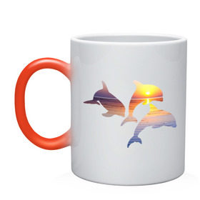 Кружка хамелеон с принтом Дельфины на закате в Курске, керамика | меняет цвет при нагревании, емкость 330 мл | Тематика изображения на принте: дельфин | дельфины | дельфины на закате | закат | красивые дельфины | рыбы